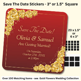 Save The Date - Gold Flowers Maroon Red  Vierkante Sticker