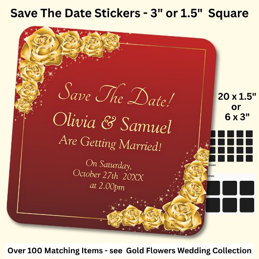 Save The Date - Gold Flowers Maroon Red  Vierkante Sticker