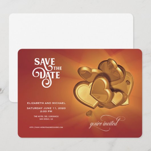 Save the Date Gold Hearts Aankondiging (Versie 4) (Voorkant / Achterkant)