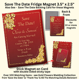 Save The Date, Gold Roses Maroon 5" x 2.5" Fridge Magneet