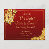 Save The Date - Gold Roses on Maroon Red  Aankondigingskaart (Voorkant)