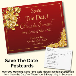 Save The Date - Gold Roses on Maroon Red  Aankondigingskaart