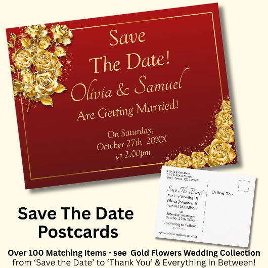 Save The Date - Gold Roses on Maroon Red  Aankondigingskaart