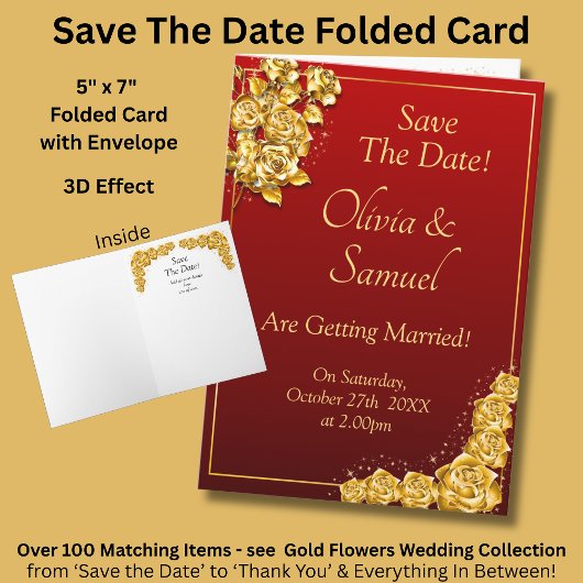 Save The Date - Gold Roses on Maroon Red    Kaart