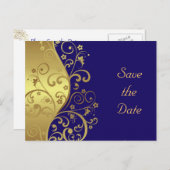 Save the Date - Gold Swirls & Donkerblauw Aankondigingskaart (Voorkant / Achterkant)