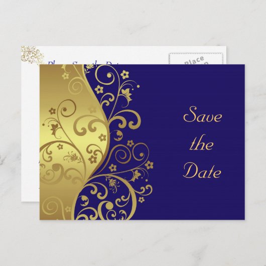 Save the Date - Gold Swirls & Donkerblauw Aankondigingskaart (Voorkant / Achterkant)