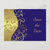 Save the Date - Gold Swirls & Donkerblauw Aankondigingskaart (Voorkant)