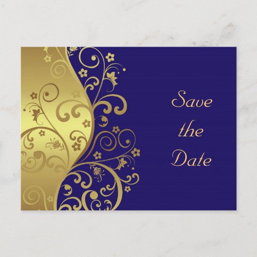 Save the Date - Gold Swirls & Donkerblauw Aankondigingskaart (Voorkant)