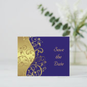 Save the Date - Gold Swirls & Donkerblauw Aankondigingskaart (Staand voorkant)
