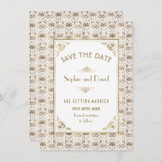 Save the date | Gold White Roaring 20s Art Deco (Voorkant / Achterkant)