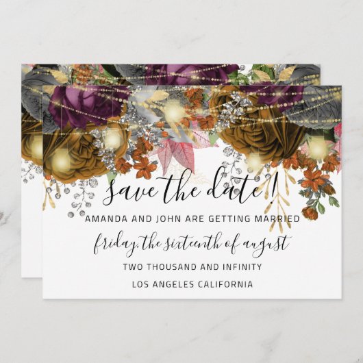 Save The Date Goud Bloemrozen Lichten Wit (Voorkant / Achterkant)