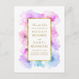  Save the Date- Goud en Blauw Paarse Bloemen Aankondigingskaart