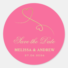 Save the date | Goud hart Fuchsia roze bruiloft Ronde Sticker