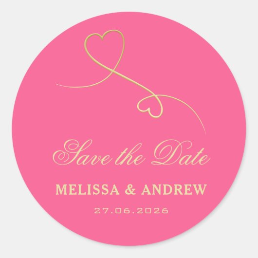 Save the date | Goud hart Fuchsia roze bruiloft Ronde Sticker (Voorkant)