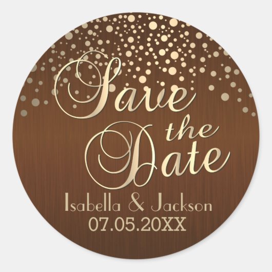 Save the date | Goud Stip en bruin | Personalisere Ronde Sticker (Voorkant)