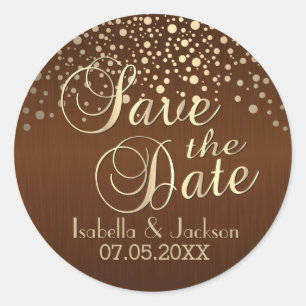 Save the date   Goud Stip en bruin   Personalisere Ronde Sticker