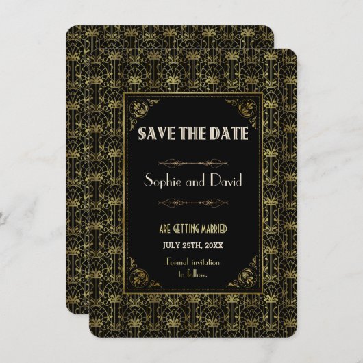 Save The Date | Goud Zwarte Roaring Twenties Art D Kaart (Voorkant / Achterkant)