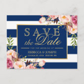 Save the Date - Gouden Bloemen Navy Blauwe Strepen Aankondigingskaart (Voorkant)