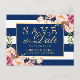 Save the Date - Gouden Bloemen Navy Blauwe Strepen Aankondigingskaart