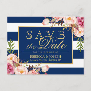 Save the Date - Gouden Bloemen Navy Blauwe Strepen Aankondigingskaart