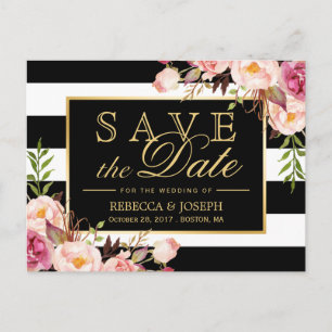 Save the Date - Gouden Bloemen Zwart & Wit Strepen Aankondigingskaart
