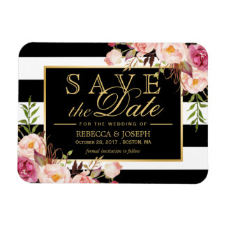 Save the Date - Gouden Bloemendecor B&W Stripes Magneet
