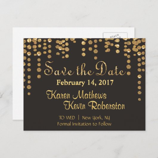 Save the date | Gouden Confetti Aankondigingskaart (Voorkant / Achterkant)