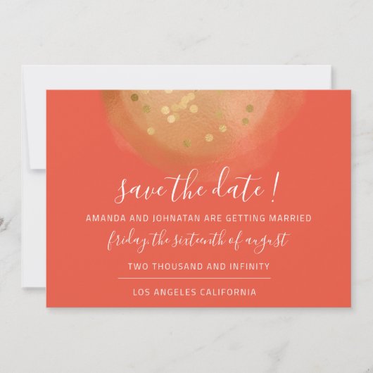 Save The Date Gouden Confetti Koraal Modern (Voorkant)