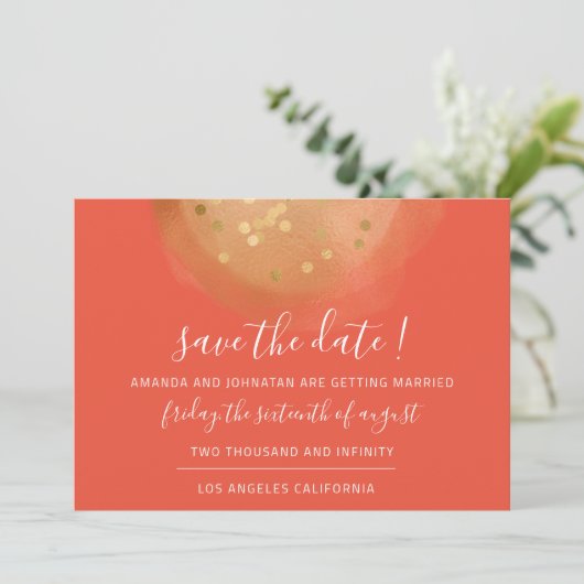 Save The Date Gouden Confetti Koraal Modern (Staand voorkant)