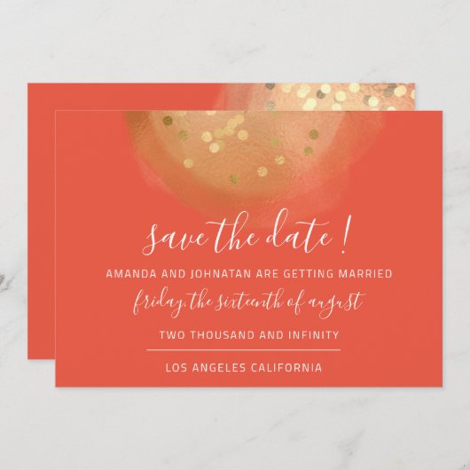 Save The Date Gouden Confetti Koraal Modern (Voorkant / Achterkant)