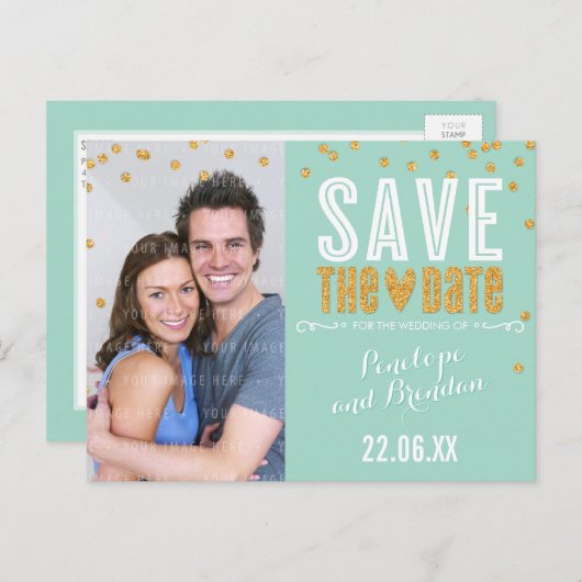 SAVE THE DATE gouden glitter confetti trendy munt Aankondigingskaart (Voorkant / Achterkant)
