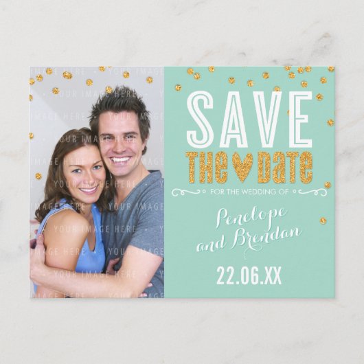 SAVE THE DATE gouden glitter confetti trendy munt Aankondigingskaart (Voorkant)
