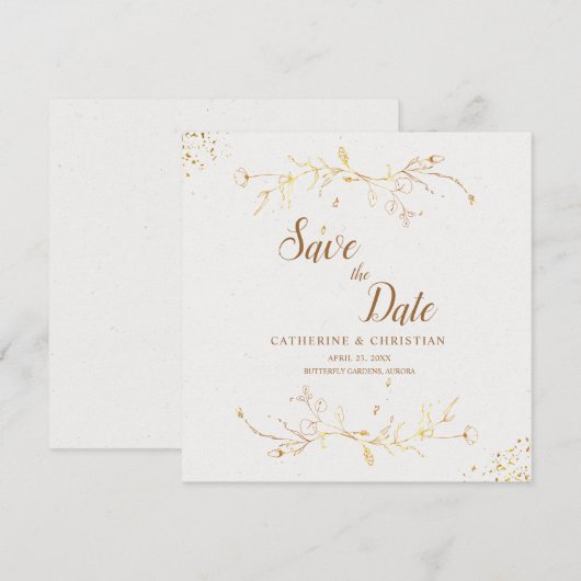 Save the Date Gouden Omlijning Bloemen Vierkant Kaart (Voorkant / Achterkant)