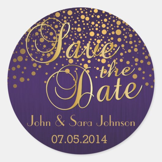 Save the date | Gouden Stippen en Paarse | persona Ronde Sticker (Voorkant)