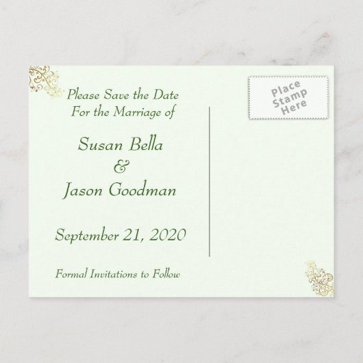 Save the Date - Gouden wervelingen & Donkergroen Aankondigingskaart (Achterkant)