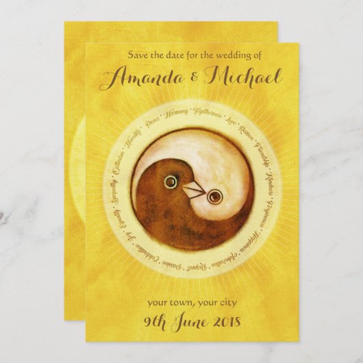 SAVE THE DATE Gouden YinYang duiven trouwkaart (Voorkant / Achterkant)