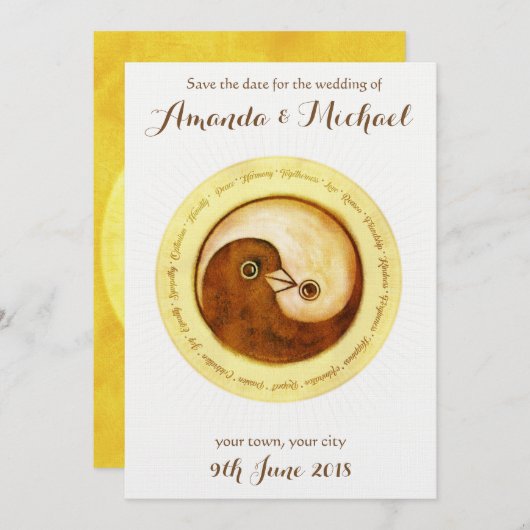 SAVE THE DATE Gouden YinYang duiven trouwkaart (Voorkant / Achterkant)