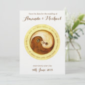 SAVE THE DATE Gouden YinYang duiven trouwkaart (Staand voorkant)