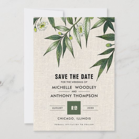 Save the date. Greenery Botanical Burlap Kaarten (Voorkant)