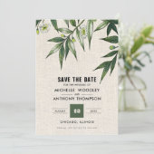 Save the date. Greenery Botanical Burlap Kaarten (Staand voorkant)