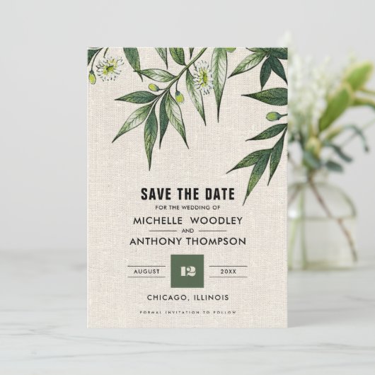 Save the date. Greenery Botanical Burlap Kaarten (Staand voorkant)