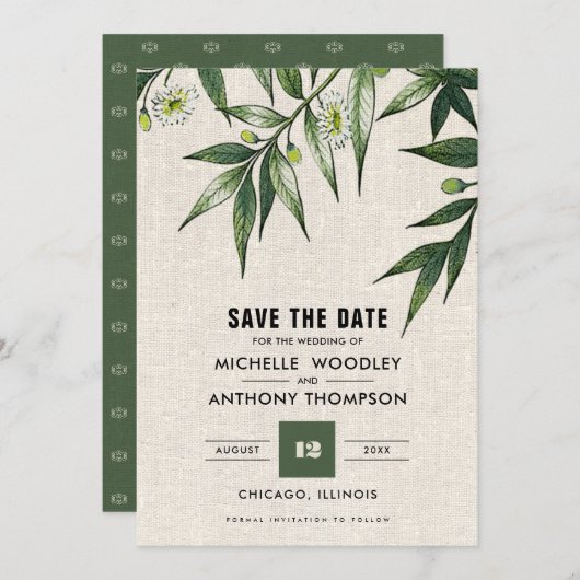 Save the date. Greenery Botanical Burlap Kaarten (Voorkant / Achterkant)