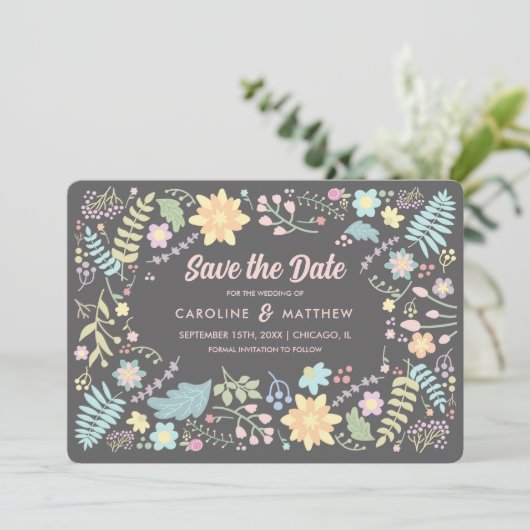 Save the date. Grijs Blush Roze Moderne Floral Kaart (Staand voorkant)