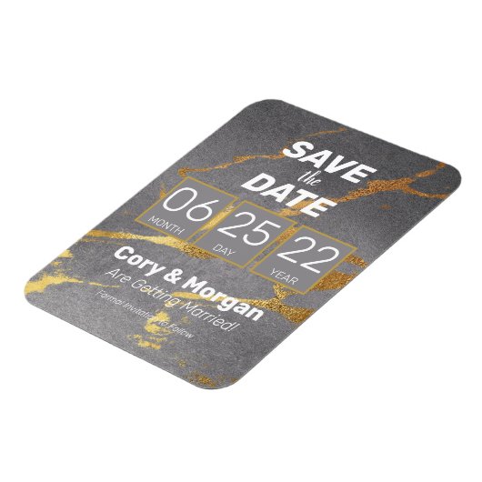 Save the date | Grijze en gouden marmer-magneet Magneet (Linkerzijde)