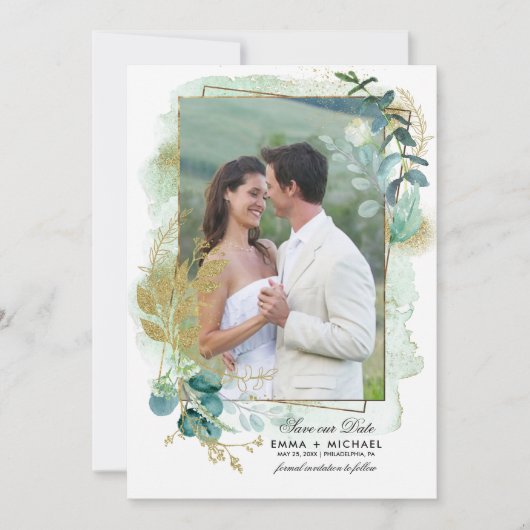 Save the date. Groene botanische foto bruiloft Kaart (Voorkant)