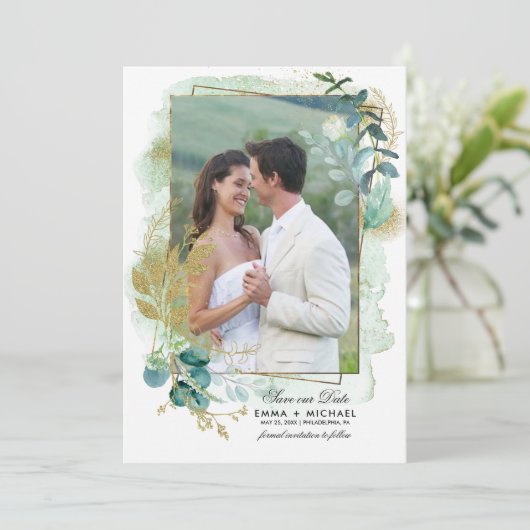 Save the date. Groene botanische foto bruiloft Kaart (Staand voorkant)