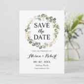 Save The Date - Groene Eucalyptus Bladkrans In Kaart (Staand voorkant)