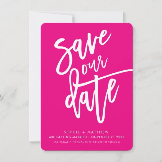 SAVE THE DATE handgeschreven script fuschia wit Kaart (Voorkant)