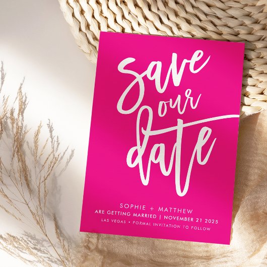 SAVE THE DATE handgeschreven script fuschia wit Kaart