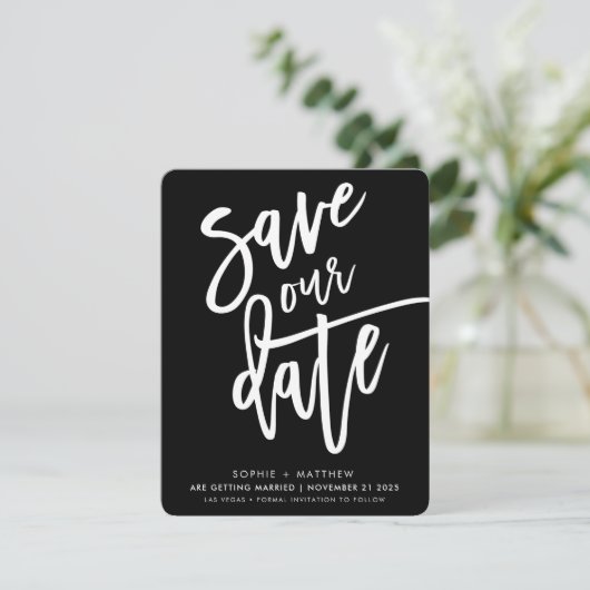 SAVE THE DATE handgeschreven script zwart wit inkt Kaart (Staand voorkant)